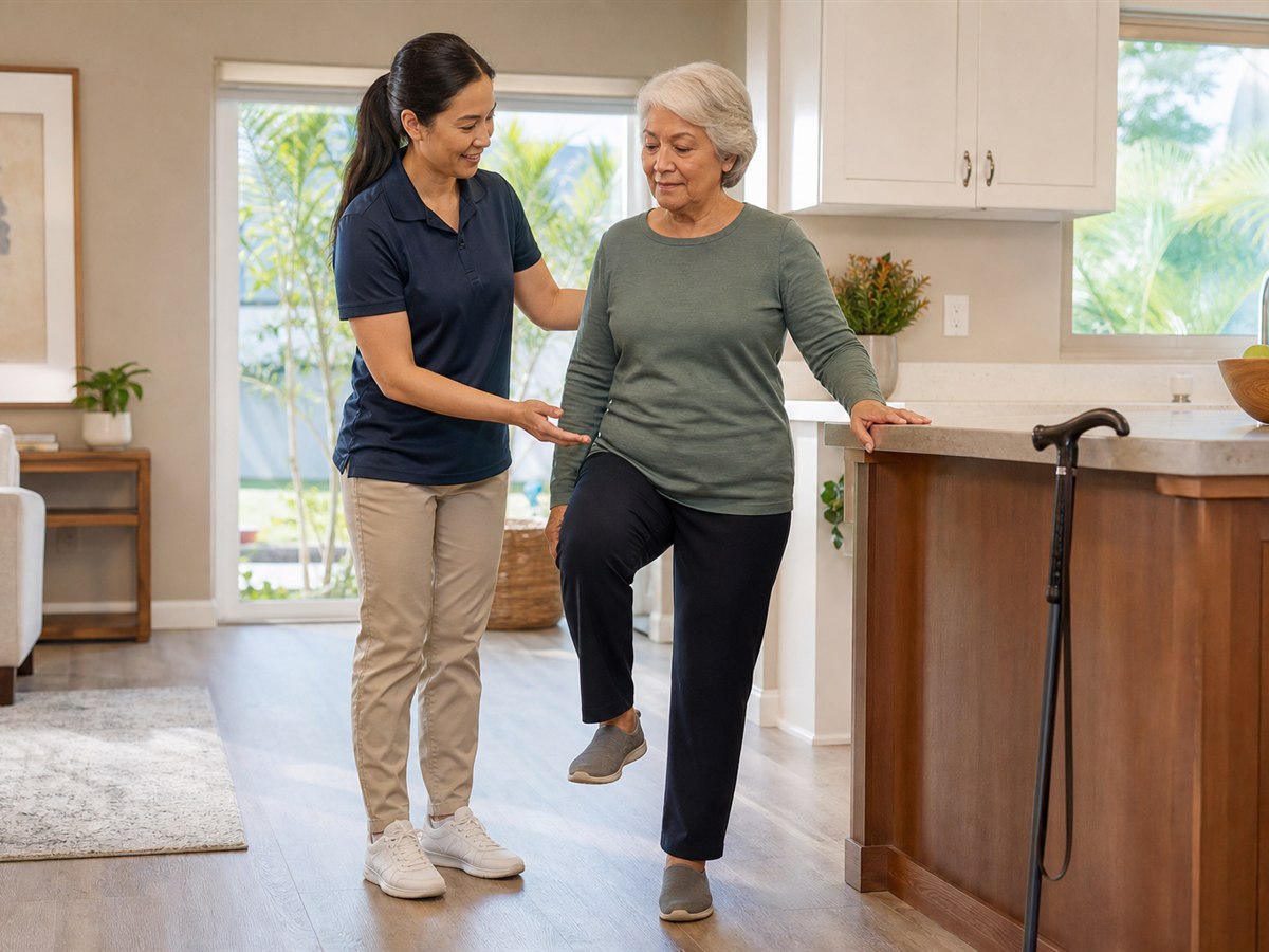 Physical therapist guiding an older adult through a safe balance exercise at home